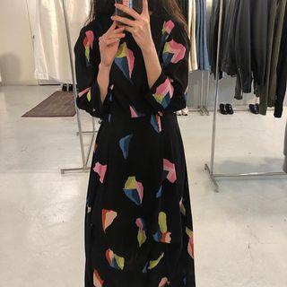 Print Balloon-sleeve A-line Midi Chiffon Dress Black - One Size