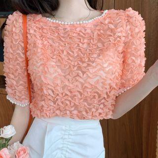 Beaded Trim Short-sleeve Top / Ruched Mini Skirt