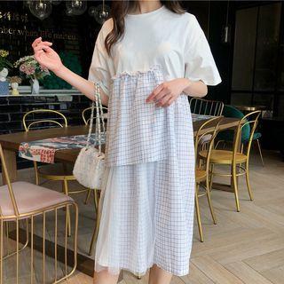 Checked Panel Short-sleeve T-shirt Dress