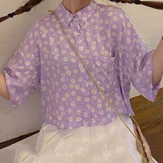 Loose-fit Cropped Print Blouse Purple - One Size
