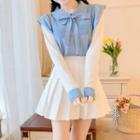 Long-sleeve Tie-neck Knit Top / Pleated A-line Mini Skirt / Set