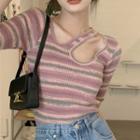 Elbow-sleeve Cut-out Striped Knit Top