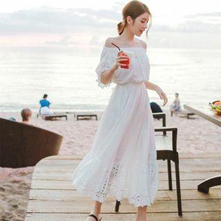Off-shoulder Perforated Maxi Sundress