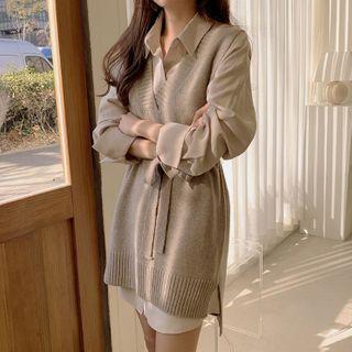 Long-sleeve Mini Shirtdress / Sweater Vest / Set
