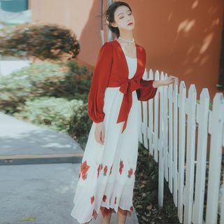 Spaghetti Strap Floral A-line Midi Dress / Front Knot Light Jacket / Set