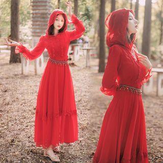 Long-sleeve Hooded Chiffon Maxi A-line Dress