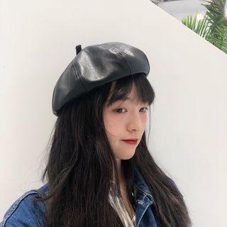 Faux Leather Beret Hat Black - M