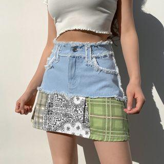 Fluffy-trim Color Panel Mini A-line Dress