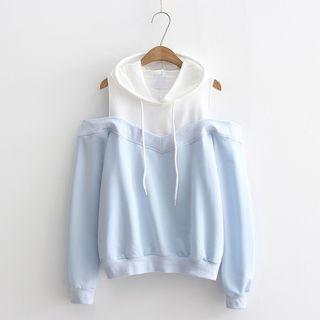 Color Panel Cut Out Shoulder Hoodie
