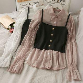 Set: Sheer Lace Shirt + Buttoned Crop Top