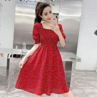 Dotted Square-neck Elbow-sleeve A-line Dress