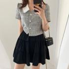 Short-sleeve Plaid Cropped Blouse / Tiered Mini A-line Skirt