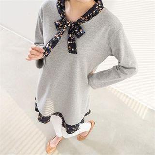 Ribbon-neck Contrast-trim Dress