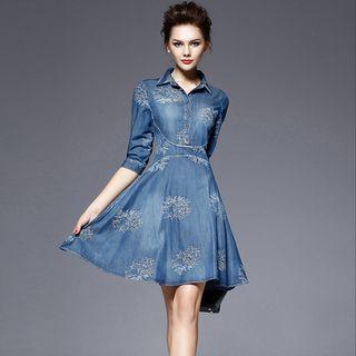 Elbow-sleeve Embroidered Denim A-line Dress