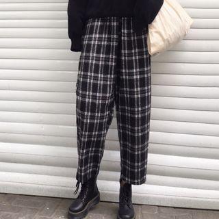 High-waist Contrast Plaid Woolen Pants