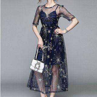 Set: Slipdress + Elbow-sleeve Embroidered Midi Dress