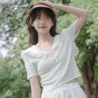 Short-sleeve Striped Collared Knit Top Stripes - Green & White - One Size