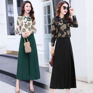 Set: Printed Blouse + Crop Wide Leg Pants
