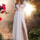 Short-sleeve Lace Slit A-line Dress