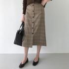Buttoned Plaid Long A-line Skirt