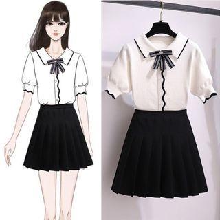 Short-sleeve Bow-neck Knit Top / Pleated Mini A-line Skirt / Set