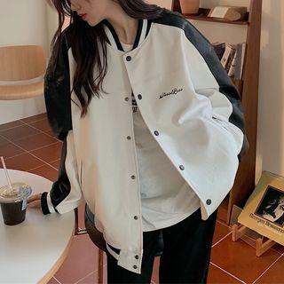 Faux Leather Color Panel Long-sleeve Baseball Jacket