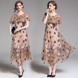 Cape-sleeve Embroidered A-line Midi Dress