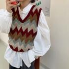 Frilled Trim Blouse / Color Block Knit Vest