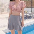 Set: Plain Bikini + Cover-up Top + Swim Skirt
