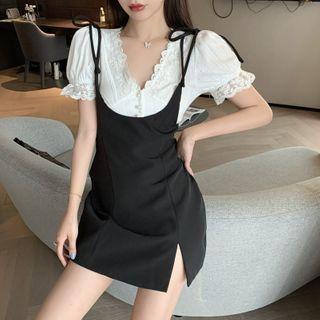 Lace Trim Short-sleeve Cropped Blouse / Spaghetti Strap Slit Mini Bodycon Dress