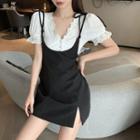 Lace Trim Short-sleeve Cropped Blouse / Spaghetti Strap Slit Mini Bodycon Dress