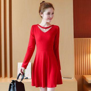 Long-sleeve Cutout A-line Mini Knit Dress
