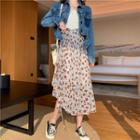 Denim Jacket / High-waist Ruffle Trim Floral Midi Skirt