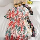 Short-sleeve Faux Pearl Chain Floral Print Qipao Dress
