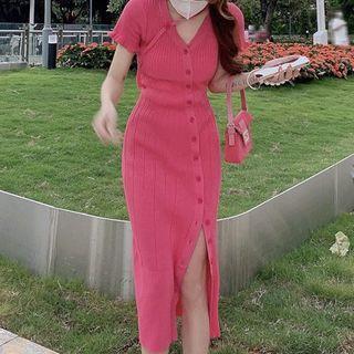 Short-sleeve Button-up Knit Midi Sheath Dress Rose Pink - One Size