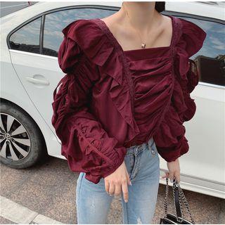 Drawstring Crochet Trim Ruffled Blouse Purplish Red - One Size