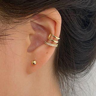 Set: Alloy Studded Earring / Rhinestone Layered Cuff Earring Set Of 2 - Gold - One Size