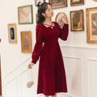 Long-sleeve Crisscross Velvet Midi A-line Dress