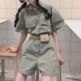 Pocket Detail Elbow-sleeve Wide-leg Playsuit