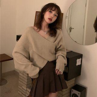 Irregular V-neck Sweater Khaki - One Size