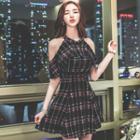 Elbow-sleeve Cold Shoulder Ruffled Plaid A-line Mini Dress