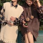 Fringe-hem Sweater Vest/ Plaid Shirt