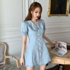 Short-sleeve Frill Trim A-line Dress Blue - One Size