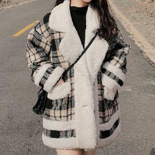 Plaid Faux Shearling Panel Coat