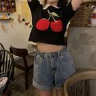Short-sleeve Cherry Cropped Knit Top Black - One Size