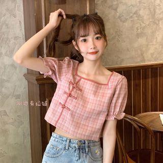 Short-sleeve Plaid Frog-buttoned Blouse