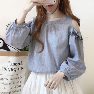 Embroidered Cold Shoulder Blouse Gray - One Size