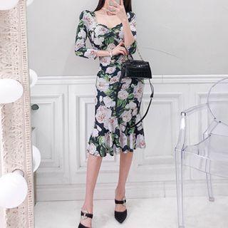 3/4-sleeve Floral Print Mermaid Midi Dress