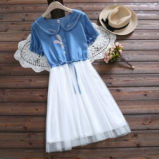 Mock Two-piece Short-sleeve Mini Mesh Dress