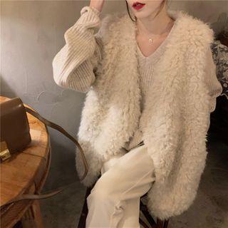 Plain V-neck Long-sleeve Knit Top / Fleece Vest